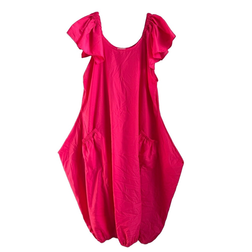 Karen T Design Hot Pink Balloon Bubble Dress Ruffle Midi Boho Flawless‎ OS Plus